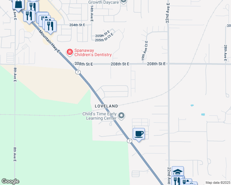 map of restaurants, bars, coffee shops, grocery stores, and more near 1601 211th Street East in Spanaway