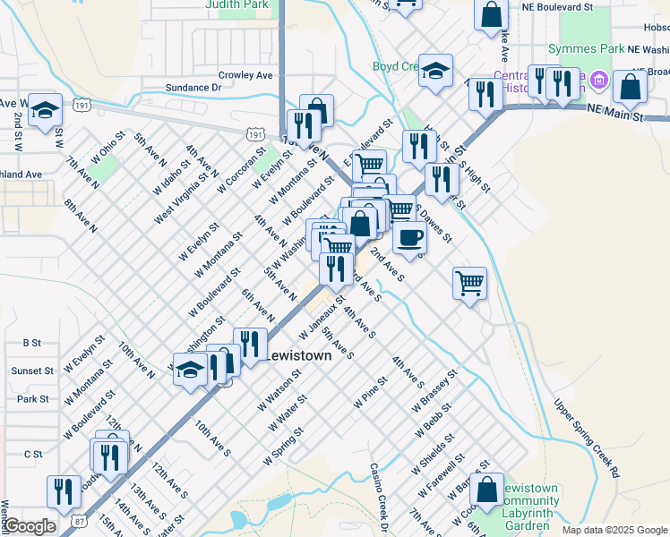 map of restaurants, bars, coffee shops, grocery stores, and more near 302 W Main St in Lewistown