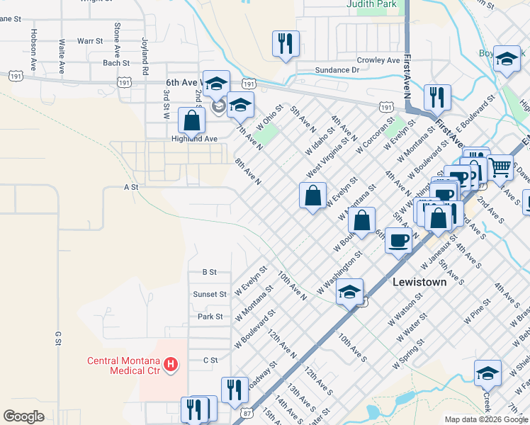 map of restaurants, bars, coffee shops, grocery stores, and more near 808 West Virginia Street in Lewistown