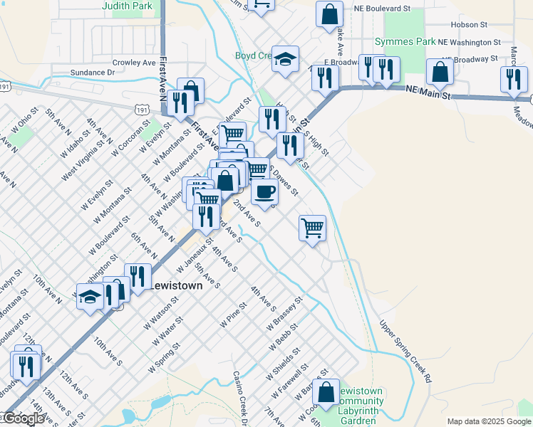 map of restaurants, bars, coffee shops, grocery stores, and more near 306 1st Avenue South in Lewistown