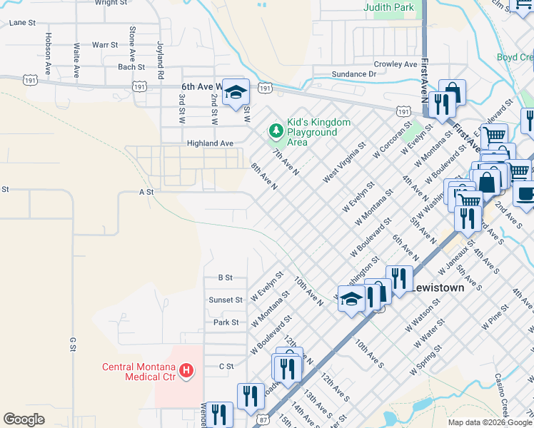 map of restaurants, bars, coffee shops, grocery stores, and more near 901 9th Avenue North in Lewistown