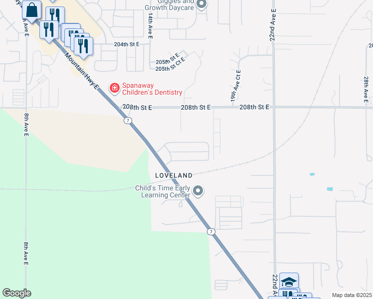 map of restaurants, bars, coffee shops, grocery stores, and more near 1601 211th Street East in Spanaway