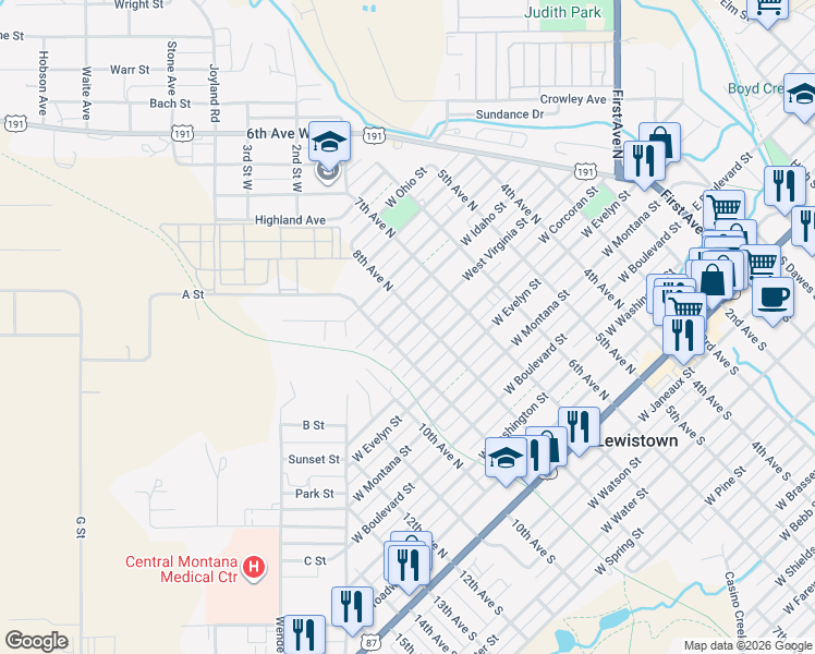 map of restaurants, bars, coffee shops, grocery stores, and more near 808 West Virginia Street in Lewistown