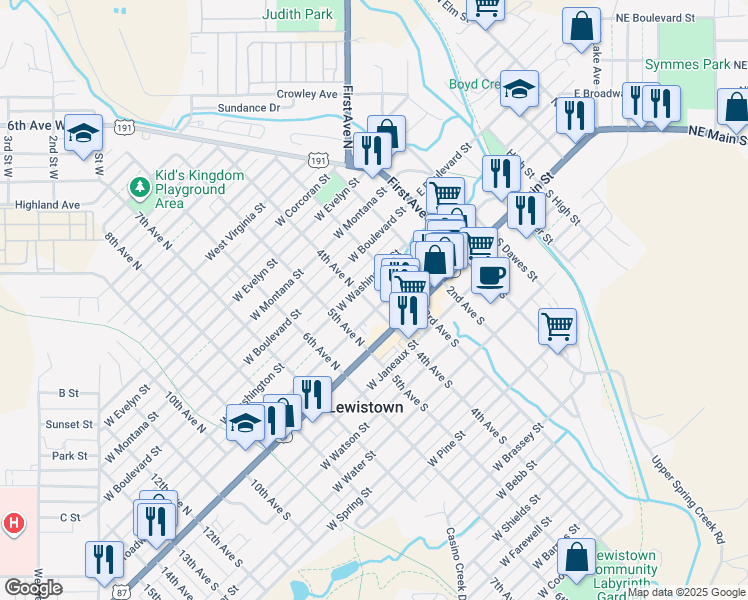 map of restaurants, bars, coffee shops, grocery stores, and more near 322 West Broadway Street in Lewistown