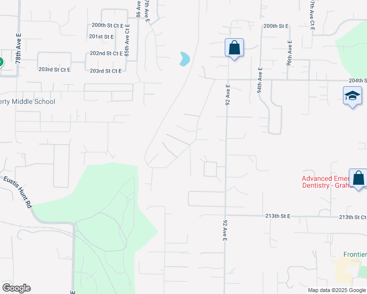 map of restaurants, bars, coffee shops, grocery stores, and more near 9026 208th Street Court East in Graham