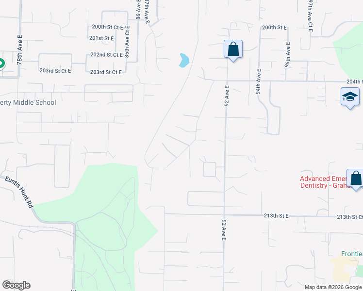 map of restaurants, bars, coffee shops, grocery stores, and more near 9102 208th Street Court East in Graham