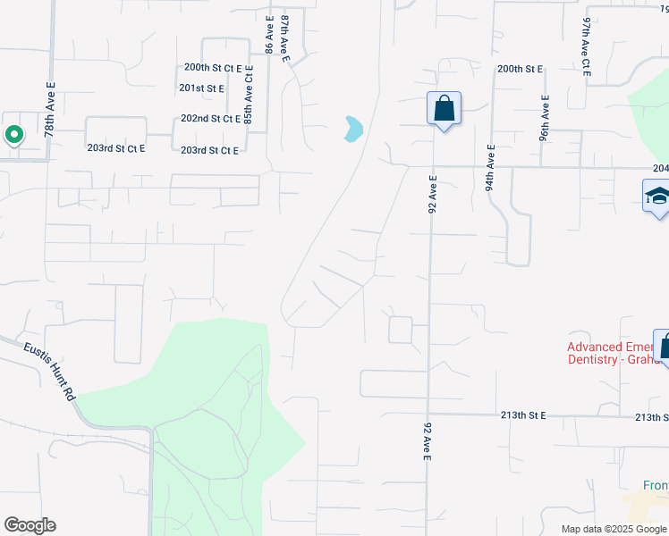map of restaurants, bars, coffee shops, grocery stores, and more near 9011 207th Street Court East in Graham