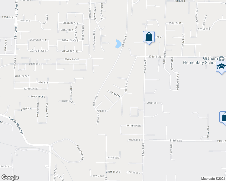 map of restaurants, bars, coffee shops, grocery stores, and more near 9019 208th Street Court East in Graham