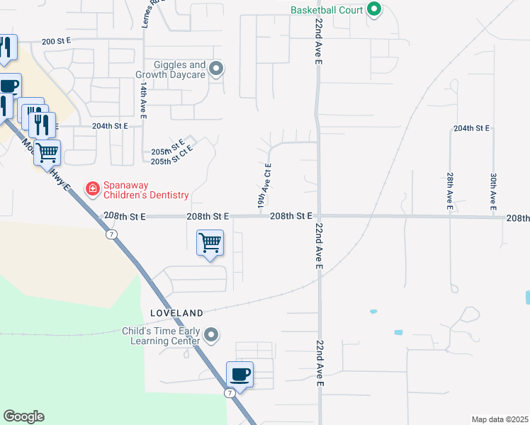 map of restaurants, bars, coffee shops, grocery stores, and more near 2005 208th Street East in Spanaway