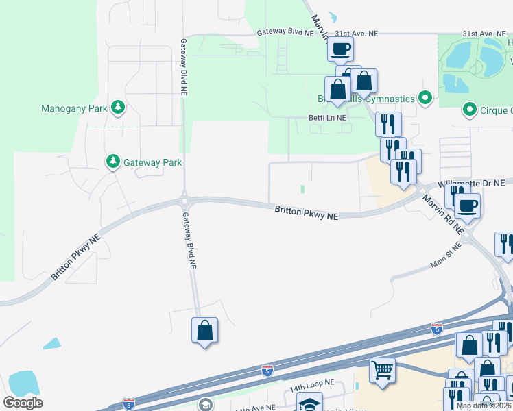 map of restaurants, bars, coffee shops, grocery stores, and more near 6238 Britton Parkway Northeast in Lacey