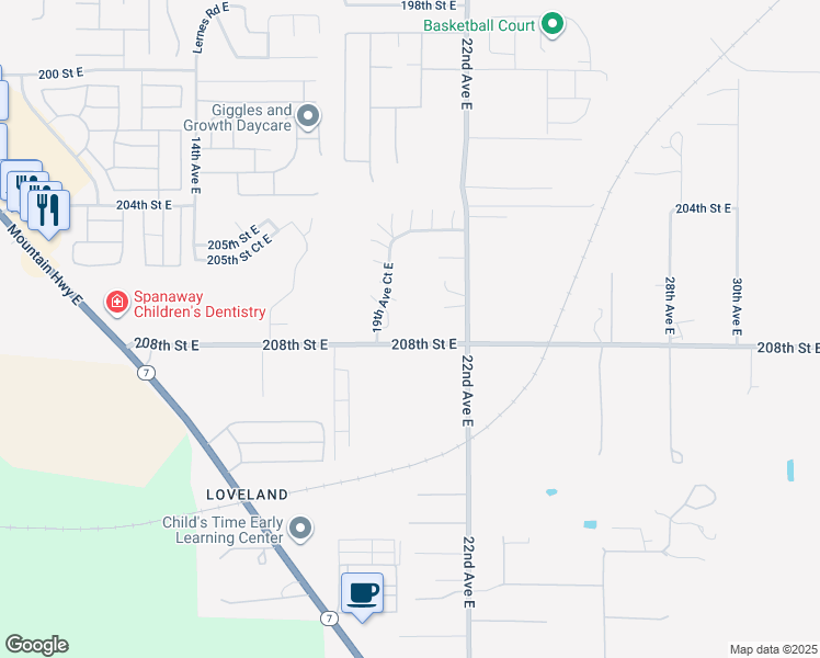 map of restaurants, bars, coffee shops, grocery stores, and more near 2005 208th Street East in Spanaway