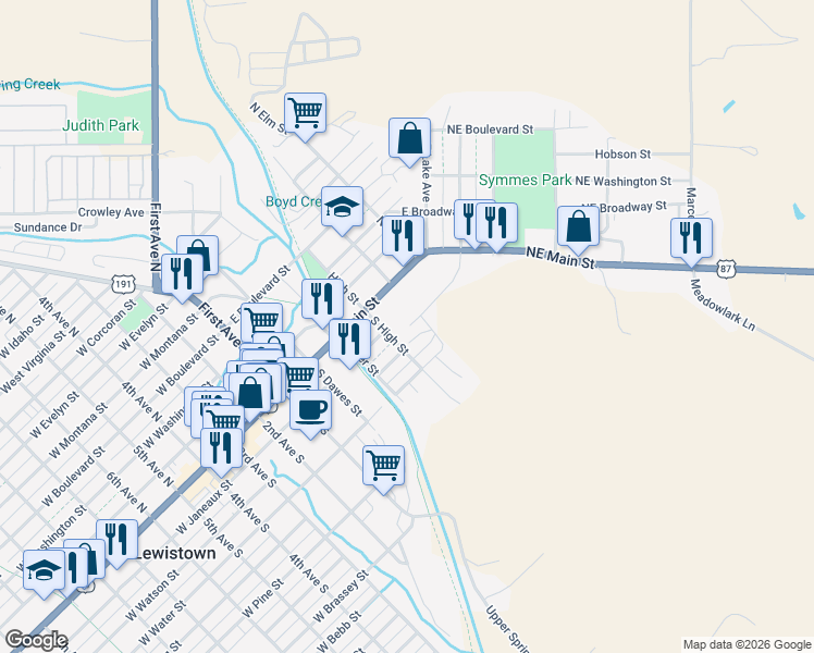 map of restaurants, bars, coffee shops, grocery stores, and more near 1000 Fountain Terrace Drive in Lewistown