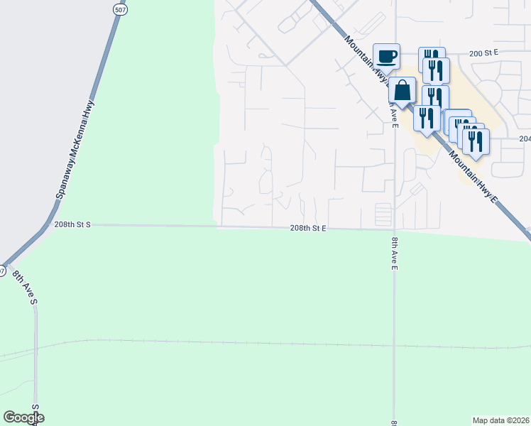 map of restaurants, bars, coffee shops, grocery stores, and more near 201 207th Street East in Spanaway