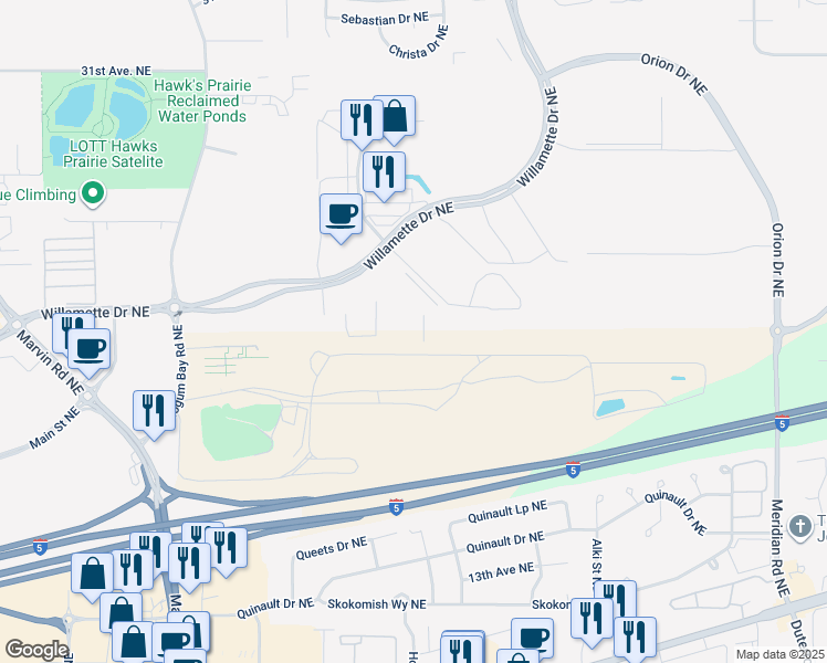 map of restaurants, bars, coffee shops, grocery stores, and more near 8735 Commerce Pl Dr NE in Lacey
