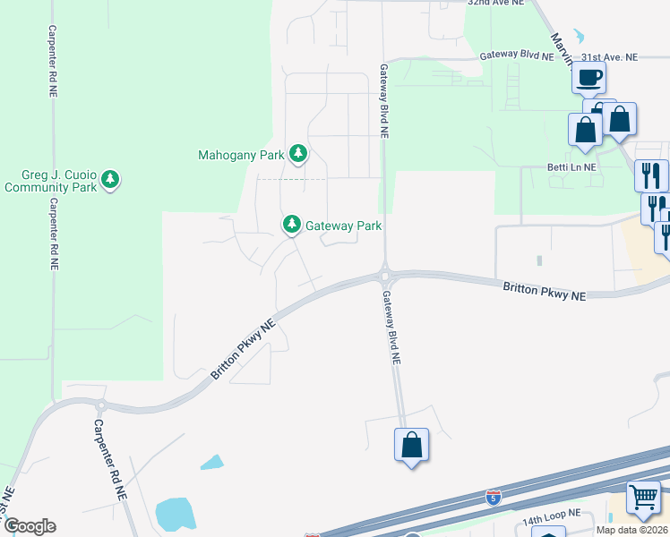 map of restaurants, bars, coffee shops, grocery stores, and more near 2314 Fiddleback Street Northeast in Lacey