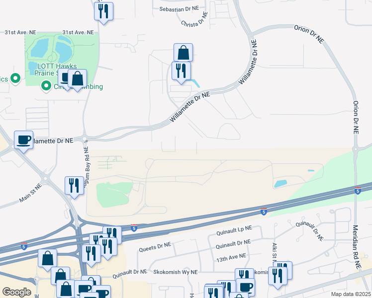 map of restaurants, bars, coffee shops, grocery stores, and more near 8735 Commerce Place Drive Northeast in Lacey