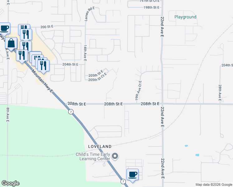 map of restaurants, bars, coffee shops, grocery stores, and more near 1810 208th Street East in Spanaway