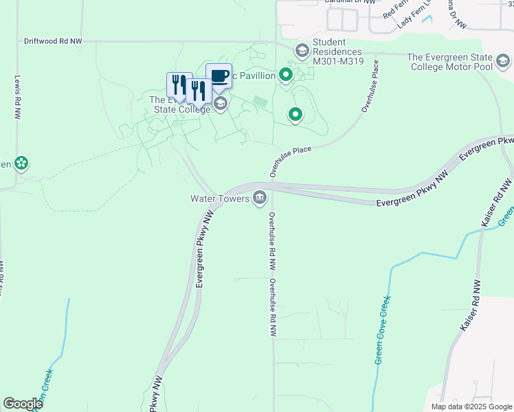 map of restaurants, bars, coffee shops, grocery stores, and more near 2700 Evergreen Parkway Northwest in Olympia