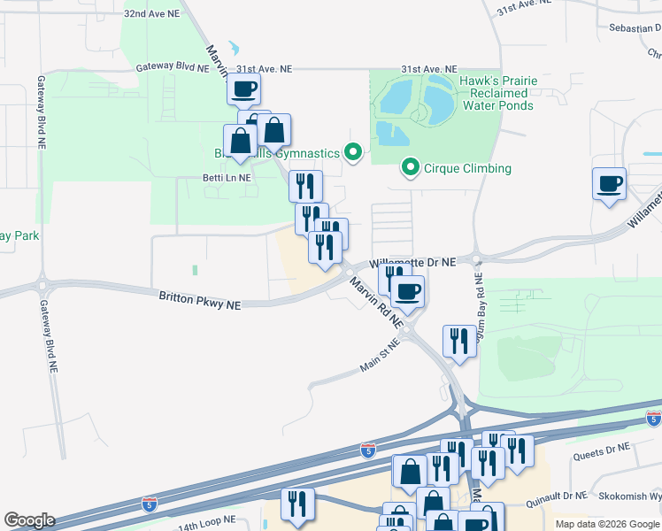 map of restaurants, bars, coffee shops, grocery stores, and more near 2521 Marvin Road Northeast in Olympia