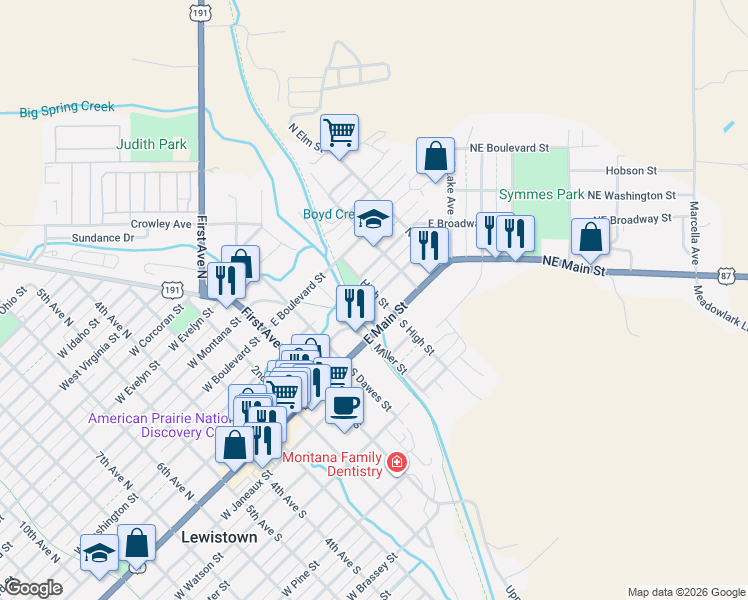 map of restaurants, bars, coffee shops, grocery stores, and more near 217 High Street in Lewistown