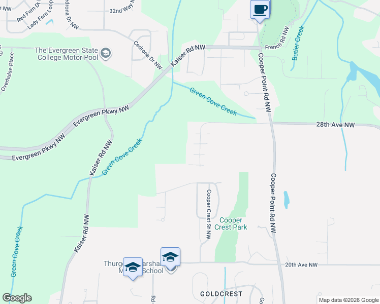 map of restaurants, bars, coffee shops, grocery stores, and more near 2627 Aztec Drive Northwest in Olympia