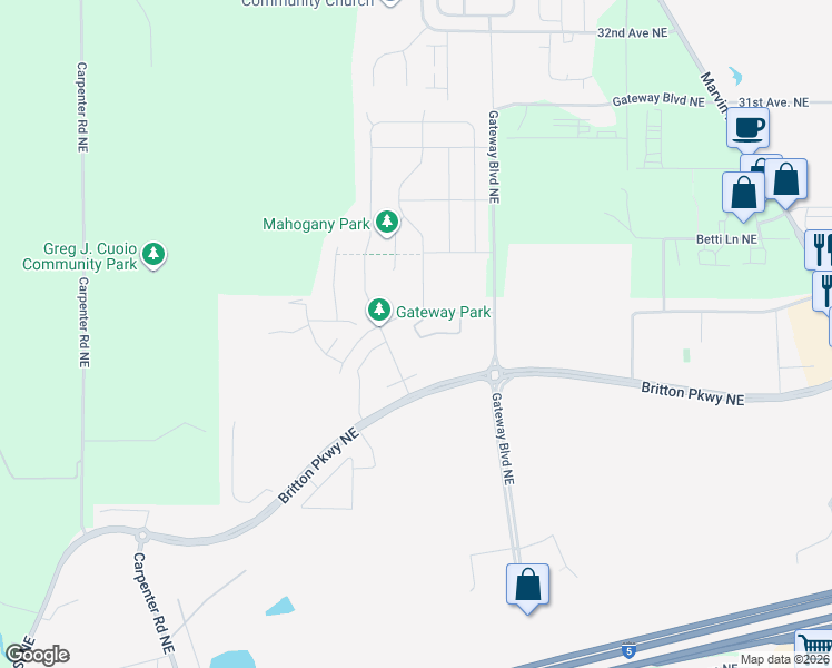map of restaurants, bars, coffee shops, grocery stores, and more near 6935 Birdseye Avenue Northeast in Lacey