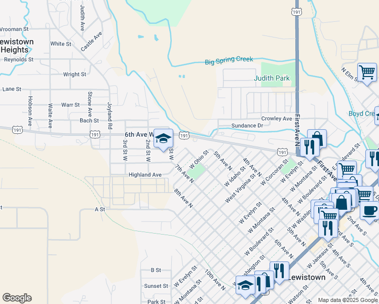 map of restaurants, bars, coffee shops, grocery stores, and more near 1301 6th Avenue North in Lewistown