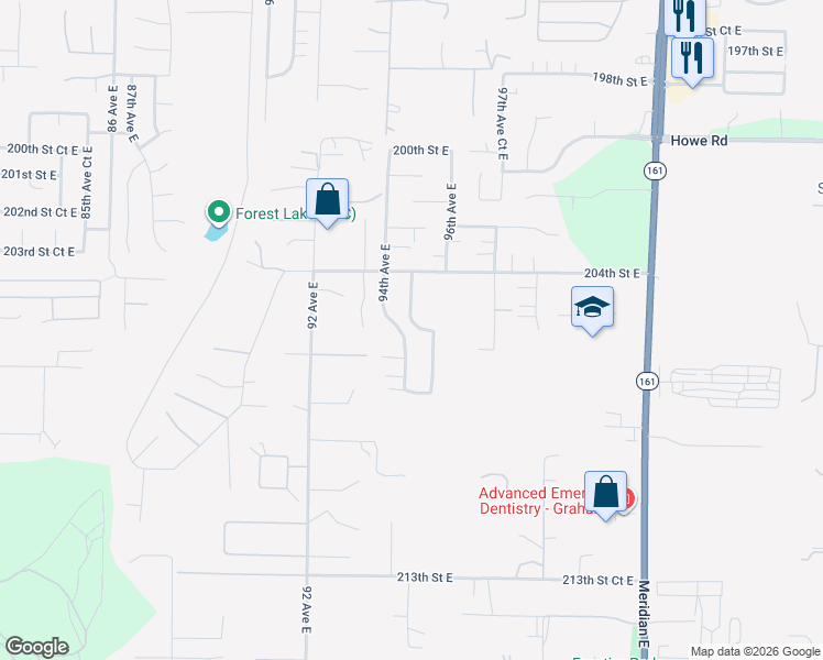 map of restaurants, bars, coffee shops, grocery stores, and more near 9502 205th Street Court East in Graham
