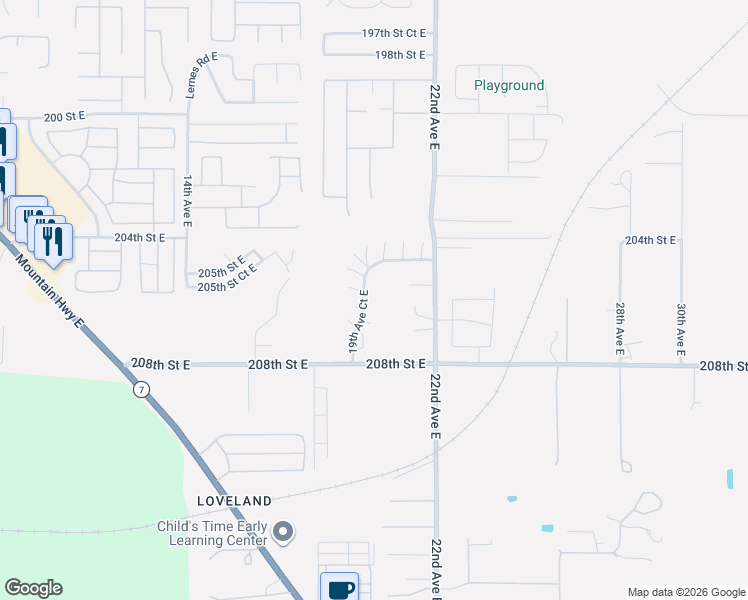 map of restaurants, bars, coffee shops, grocery stores, and more near 20 19th Avenue Court East in Spanaway