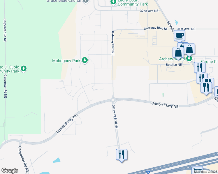 map of restaurants, bars, coffee shops, grocery stores, and more near 6967 Birdseye Avenue Northeast in Lacey