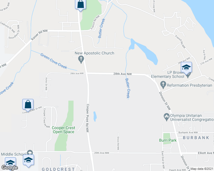 map of restaurants, bars, coffee shops, grocery stores, and more near 2711 28th Avenue Northwest in Olympia
