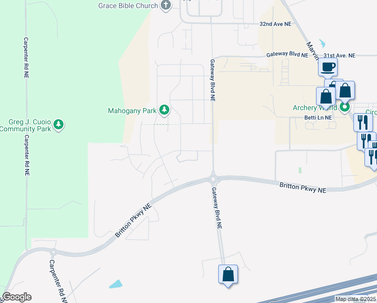 map of restaurants, bars, coffee shops, grocery stores, and more near Birdseye Avenue Northeast in Lacey