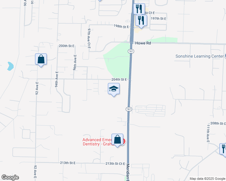 map of restaurants, bars, coffee shops, grocery stores, and more near 10026 204th Street East in Graham