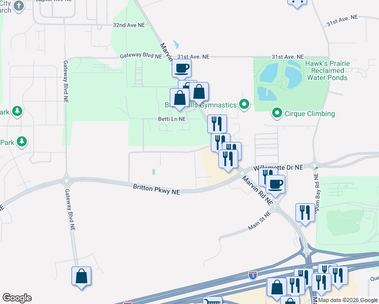 map of restaurants, bars, coffee shops, grocery stores, and more near 28th Ave NE in Lacey