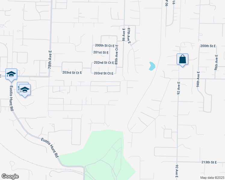 map of restaurants, bars, coffee shops, grocery stores, and more near 8423 205th Street Court East in Spanaway