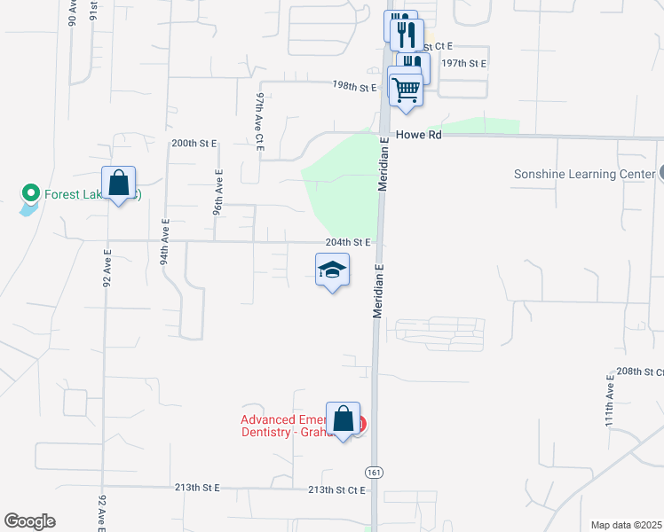 map of restaurants, bars, coffee shops, grocery stores, and more near 10026 204th Street East in Graham