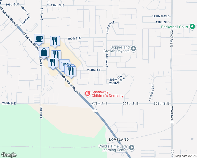 map of restaurants, bars, coffee shops, grocery stores, and more near 1304 204th St E in Spanaway