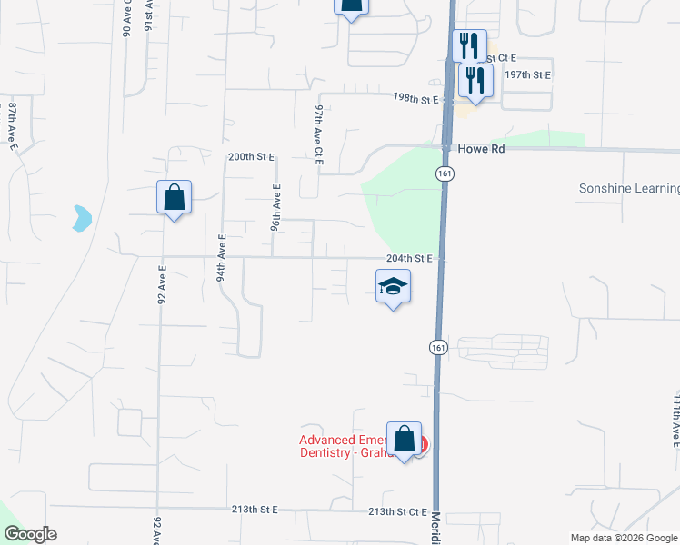 map of restaurants, bars, coffee shops, grocery stores, and more near 9801 204th Street East in Graham