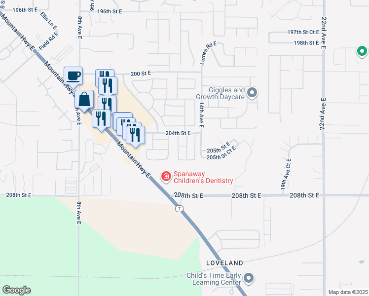 map of restaurants, bars, coffee shops, grocery stores, and more near 20419 13th Avenue Court East in Spanaway
