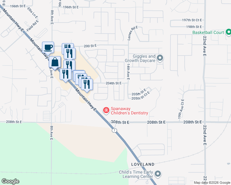 map of restaurants, bars, coffee shops, grocery stores, and more near 1304 204th Street East in Spanaway