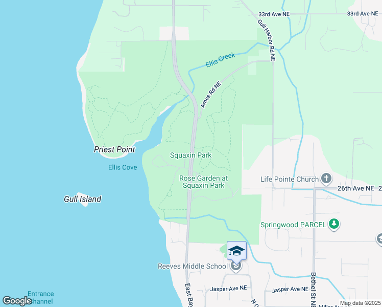 map of restaurants, bars, coffee shops, grocery stores, and more near 2600 East Bay Drive Northeast in Olympia