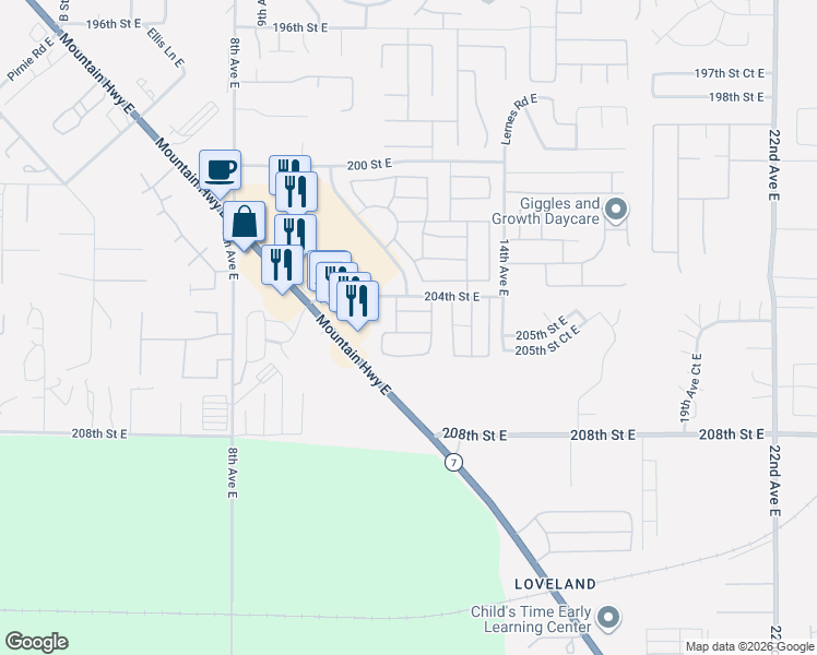 map of restaurants, bars, coffee shops, grocery stores, and more near 1113 204th Street Court East in Spanaway