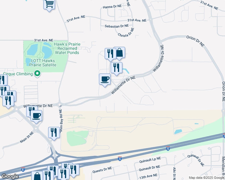 map of restaurants, bars, coffee shops, grocery stores, and more near 8560 Commerce Place Drive Northeast in Olympia
