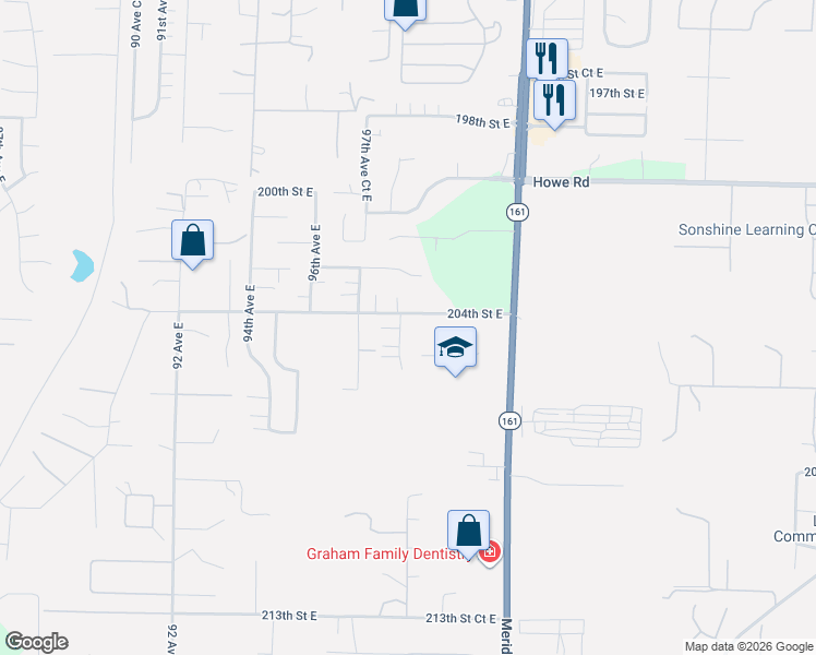 map of restaurants, bars, coffee shops, grocery stores, and more near 9909 204th Street East in Graham