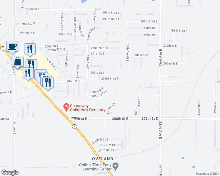 map of restaurants, bars, coffee shops, grocery stores, and more near 16422 16th Avenue Court East in Spanaway