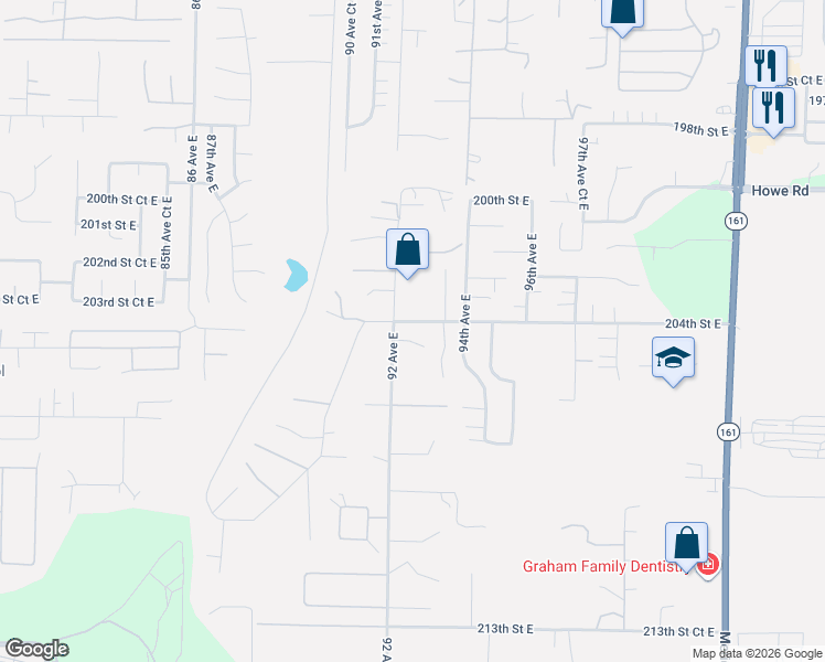 map of restaurants, bars, coffee shops, grocery stores, and more near 9210-9212 204th Street East in Graham