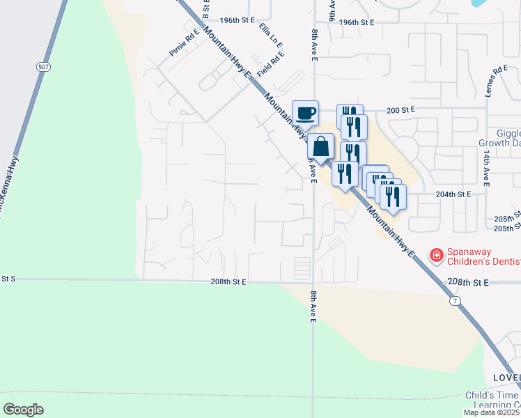 map of restaurants, bars, coffee shops, grocery stores, and more near 20412 5th Avenue Court East in Spanaway