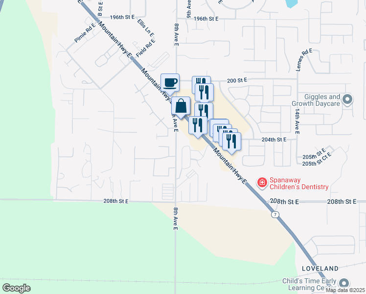 map of restaurants, bars, coffee shops, grocery stores, and more near 823 204th Street Court East in Spanaway