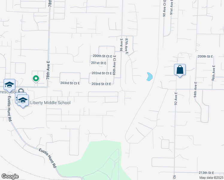 map of restaurants, bars, coffee shops, grocery stores, and more near 8412 203rd Street Court East in Spanaway