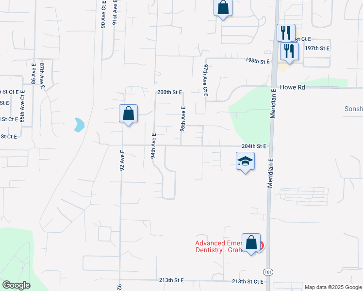 map of restaurants, bars, coffee shops, grocery stores, and more near 9597 204th Street East in Graham